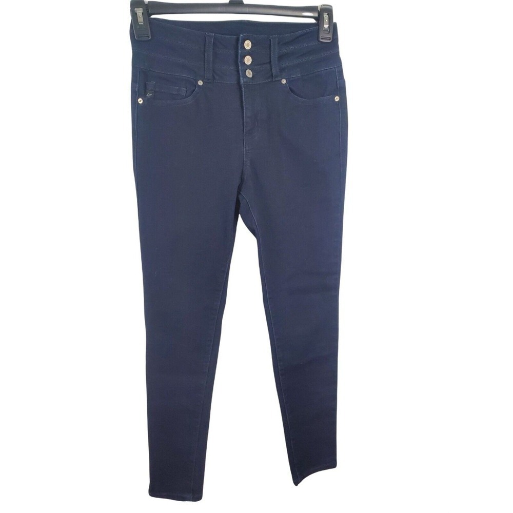 Kancan Jeans Womens 7/27 Skinny Leg High Rise Triple Button Dark Wash Casual Bot